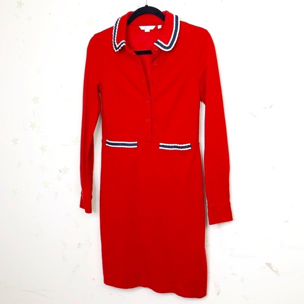 BODEN red dress with blue and white detail
